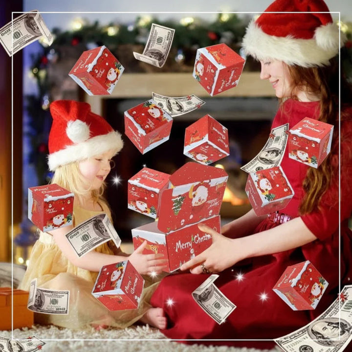 Red pop-up gift boxes and dollar bills shown around two people wearing Santa hats