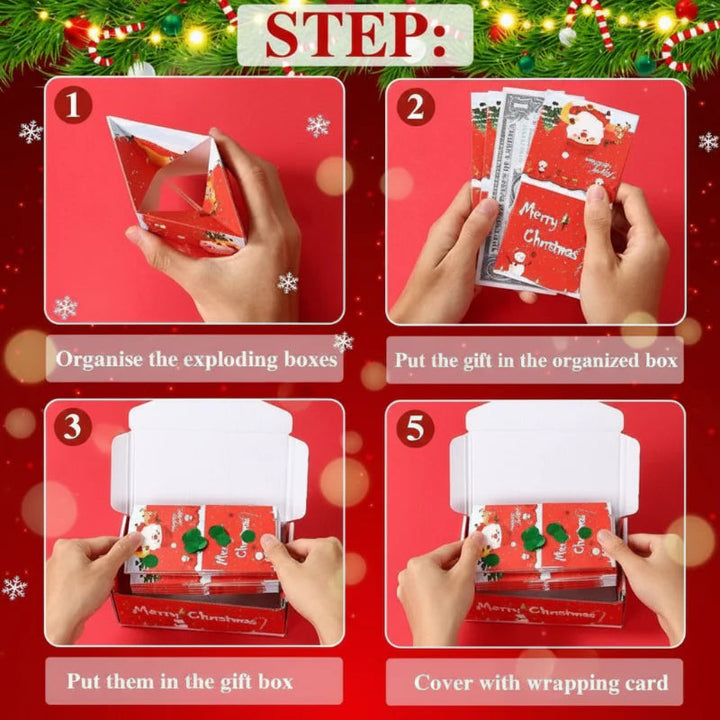 Four illustrated steps for preparing and filling the Christmas pop-up gift box