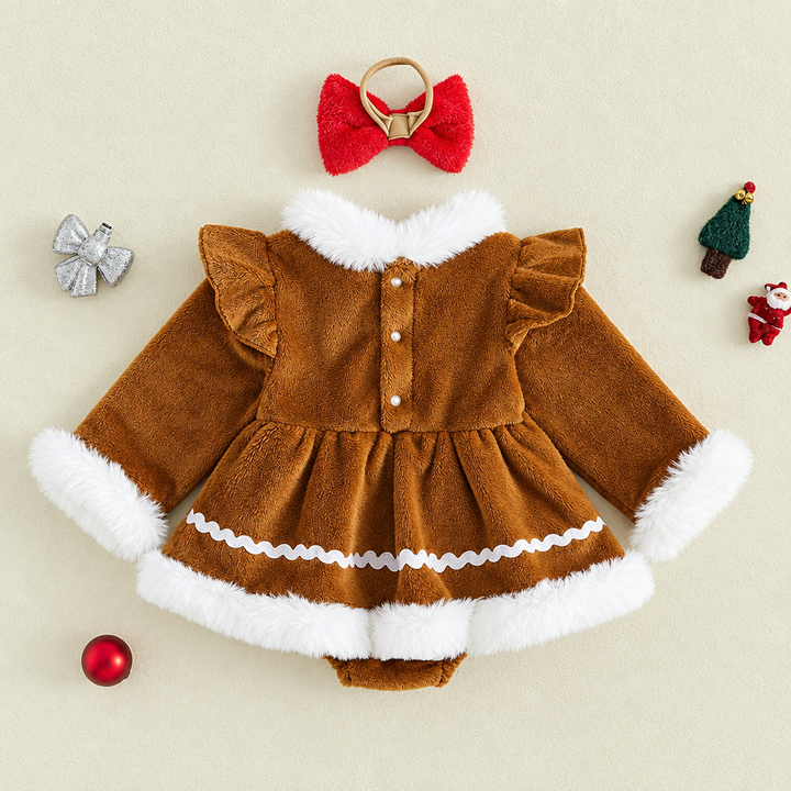 Back of the brown baby romper showing button fastenings, with the red bow headband above.
