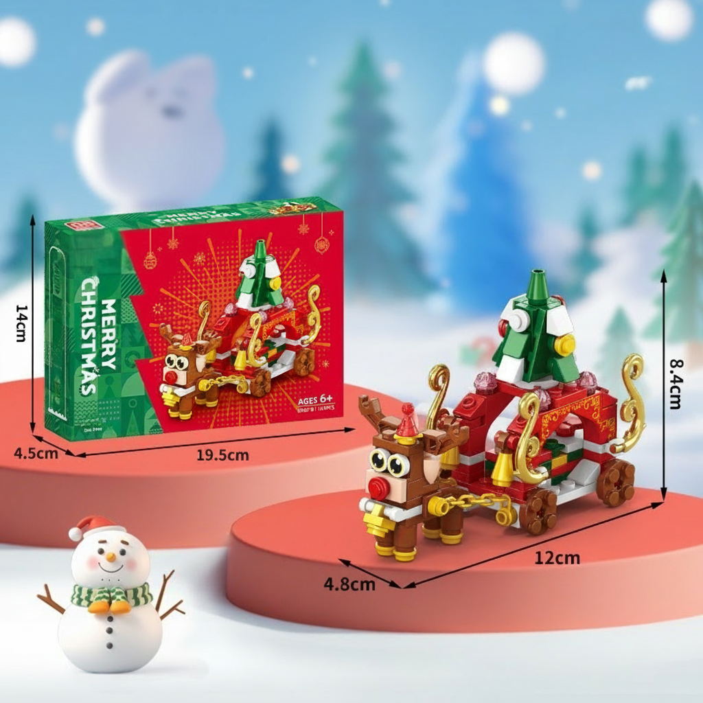 Christmas sleigh building model with a decorated tree and labeled dimensions