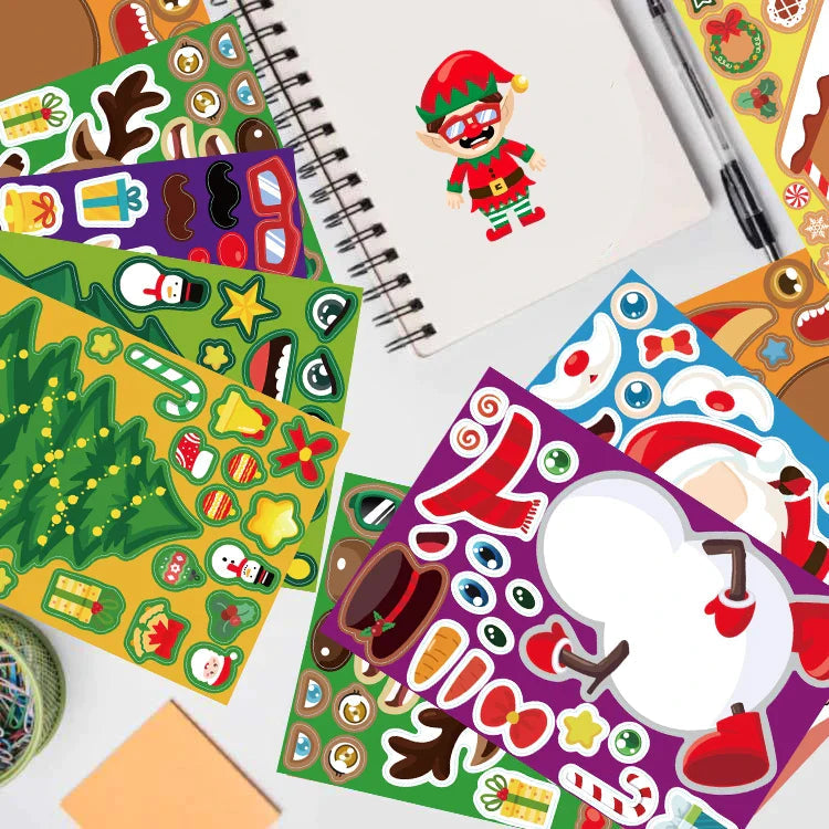 Holiday sticker sheets around a spiral notebook decorated with an elf sticker