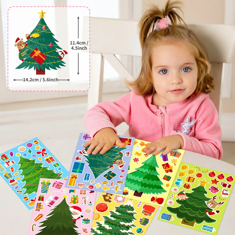 Child crafting with Christmas tree sticker sheets, with a decorated tree shown in an inset