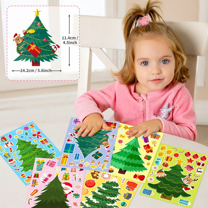 Child crafting with Christmas tree sticker sheets, with a decorated tree shown in an inset
