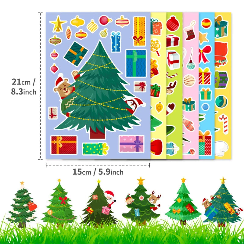 Christmas tree sticker sheets shown with 15 x 21 cm measurements