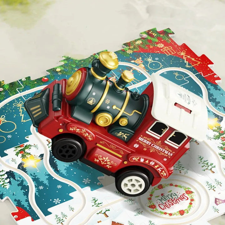 Red-and-green Christmas train on an illustrated puzzle track with snowy holiday scenes