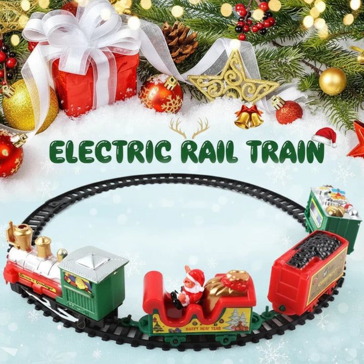 Red and green Christmas train with a Santa sleigh car on a curved track.