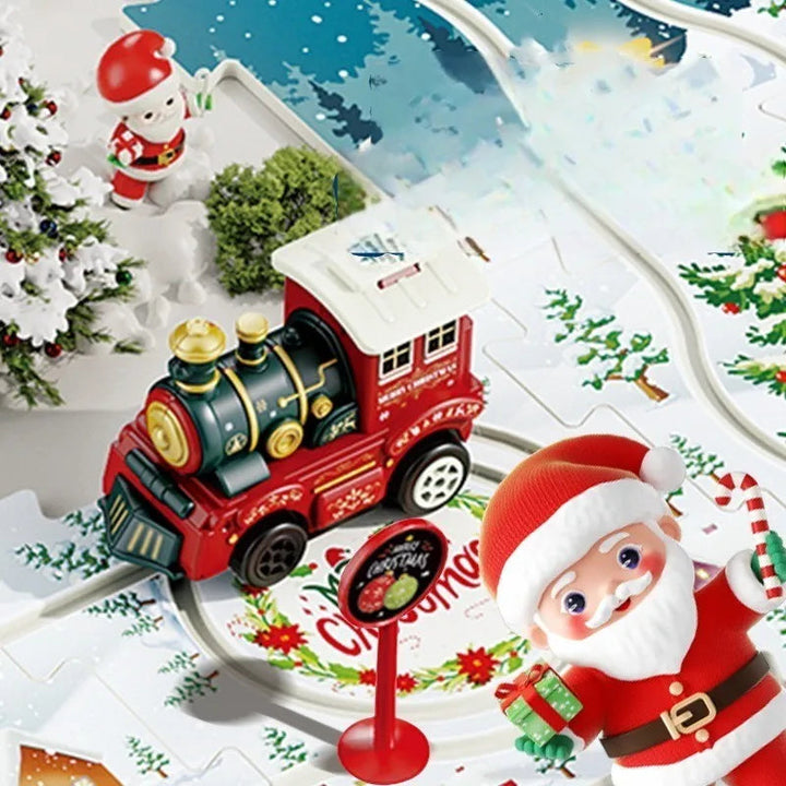 Christmas train beside a Santa illustration and a red track sign
