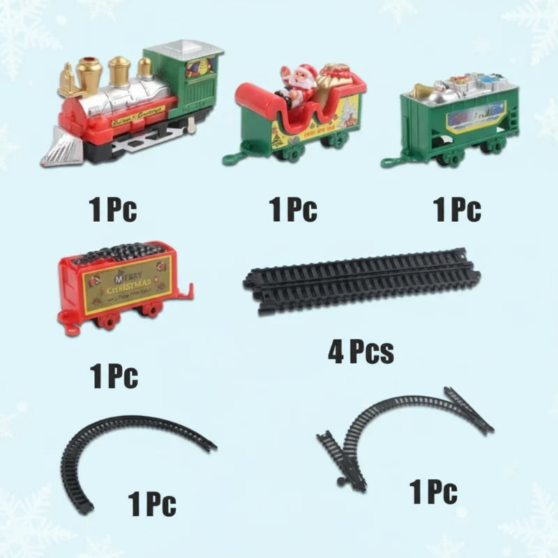 Christmas train set components showing a locomotive, three cars, and straight and curved track.