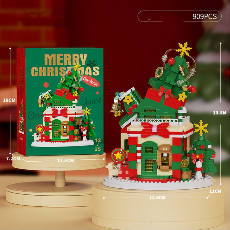 Christmas tree building block model with a decorated rooftop tree, measurements, and 909-piece count