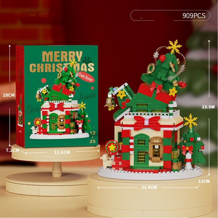 Christmas tree building block model with a decorated rooftop tree, measurements, and 909-piece count