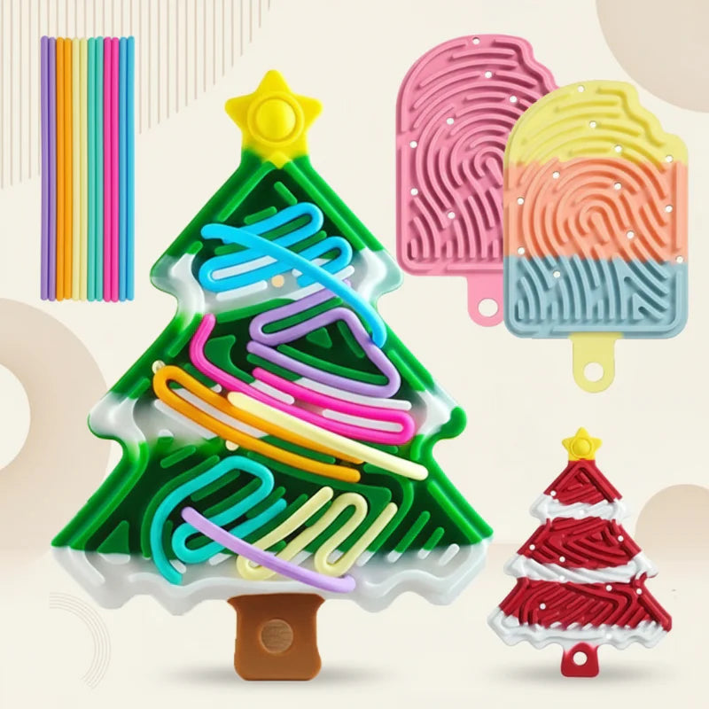 Green Christmas tree maze with colorful cords, alongside red tree and pink and multicolor popsicle designs.