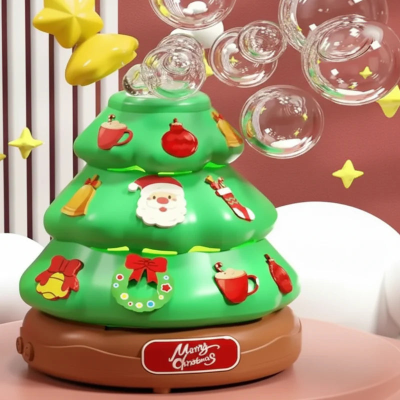 Christmas tree bubble machine with floating bubbles and colorful holiday decorations