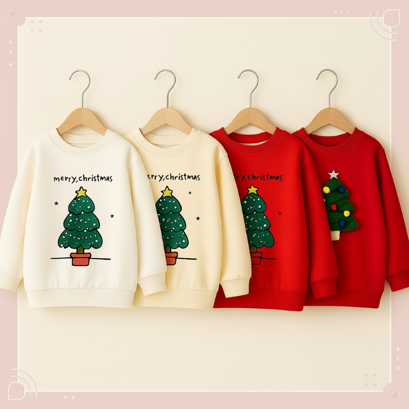Red, beige, and white Christmas tree sweatshirts displayed on wooden hangers.