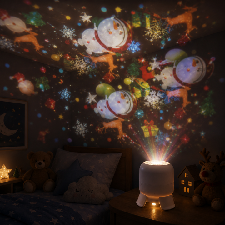 Christmas version of the night light projecting snowmen and festive patterns across a bedroom