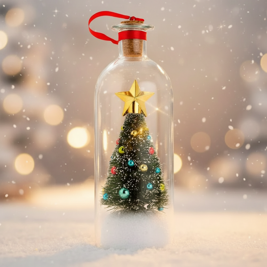 Clear Christmas bottle ornament with a green miniature tree, gold star, snowy base, and red hanging loop
