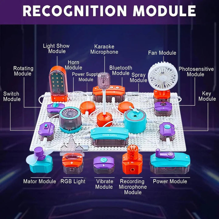 Circuit module guide showing lights, fan, microphone, switches, sensors, and power modules