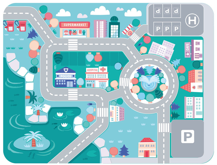 City road puzzle mat with a roundabout, parking spaces, and illustrated buildings