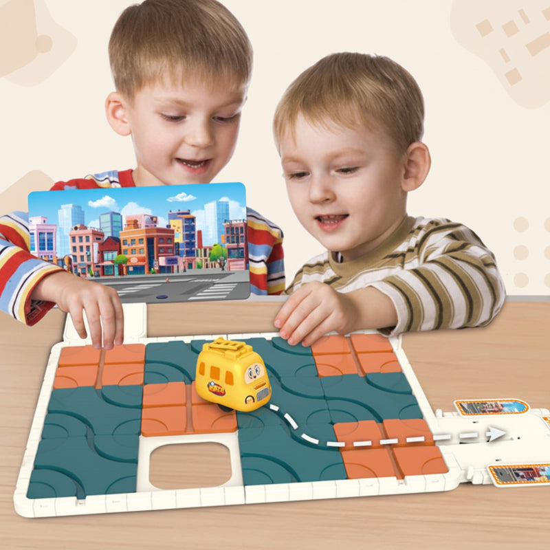 Two children arranging a sliding track puzzle with a yellow car and city backdrop