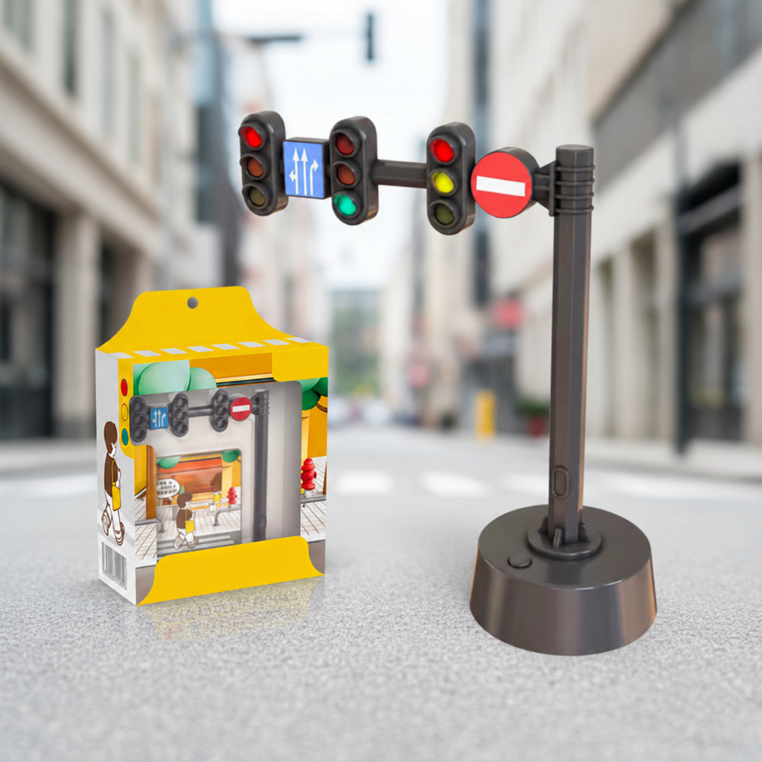 City-style overhead traffic light on a round base beside its box.