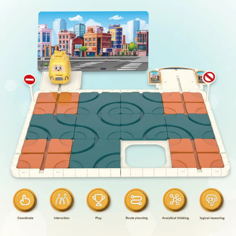 Track puzzle board with a city backdrop and icons for coordination, route planning, and logical reasoning