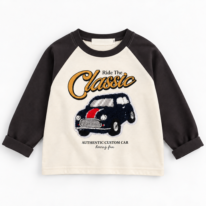 Cream classic car graphic long-sleeve shirt with black raglan sleeves