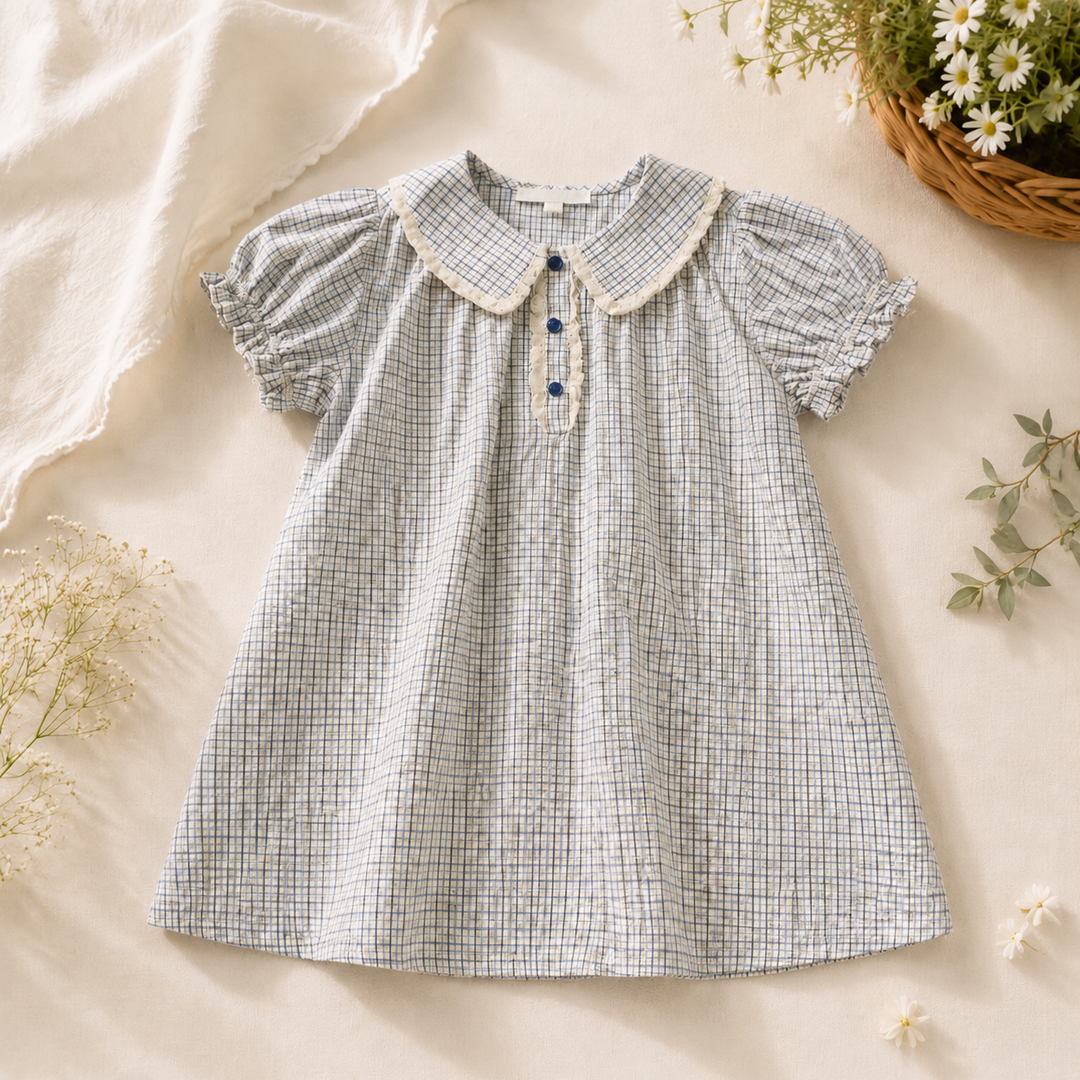Front view of a check dress with puff sleeves, a rounded ruffle-trim collar, and three blue buttons