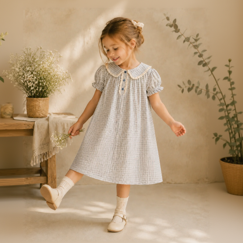 Girl wearing a check dress with puff sleeves and a flowing A-line skirt