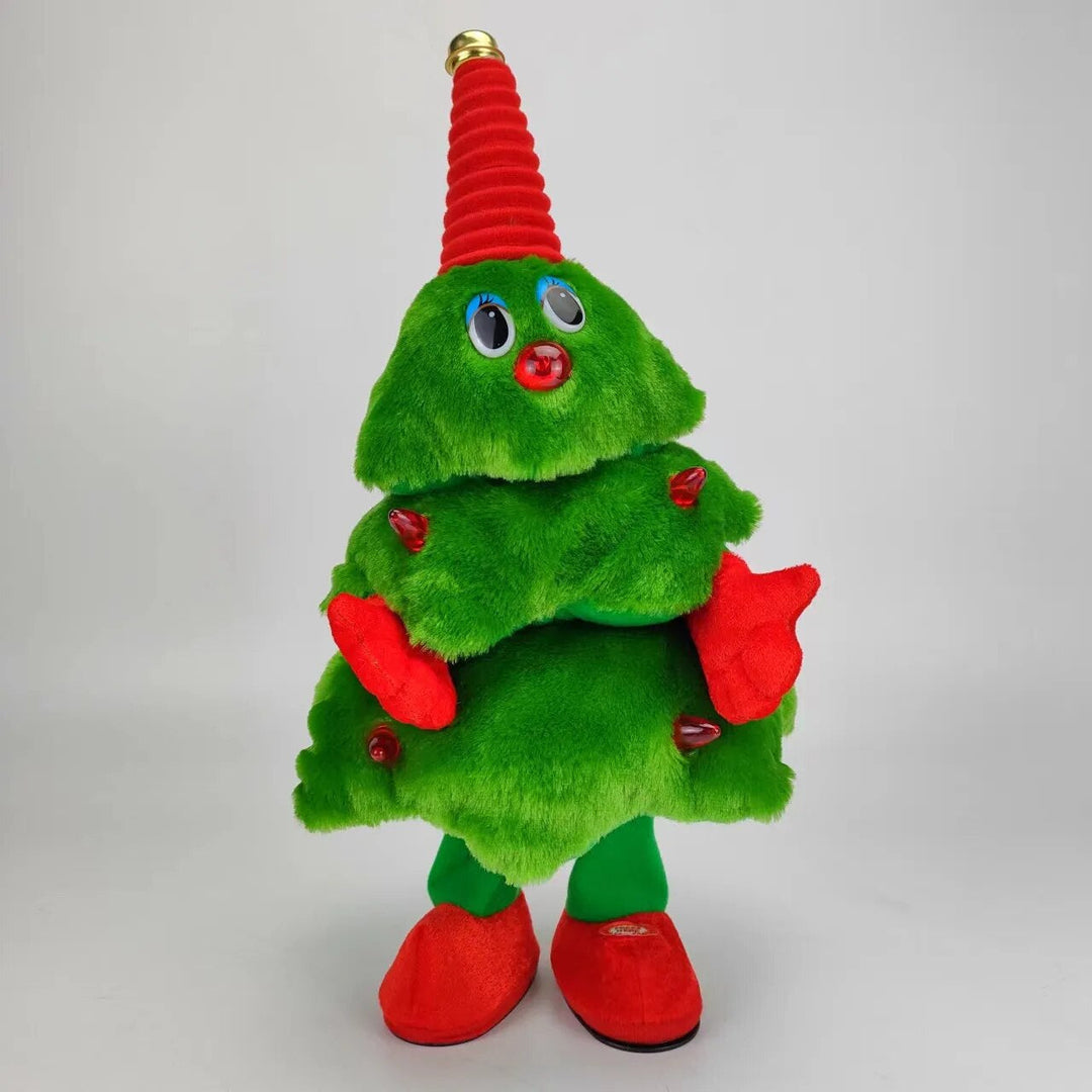 Classic green plush Christmas tree toy with a tall red hat, mittens, and boots.