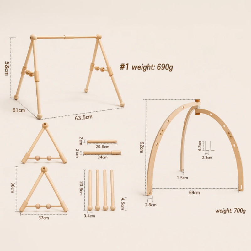 Measurement chart showing Classical and Bentwood baby gym frame dimensions and weights.