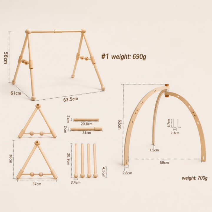 Measurement chart showing Classical and Bentwood baby gym frame dimensions and weights.
