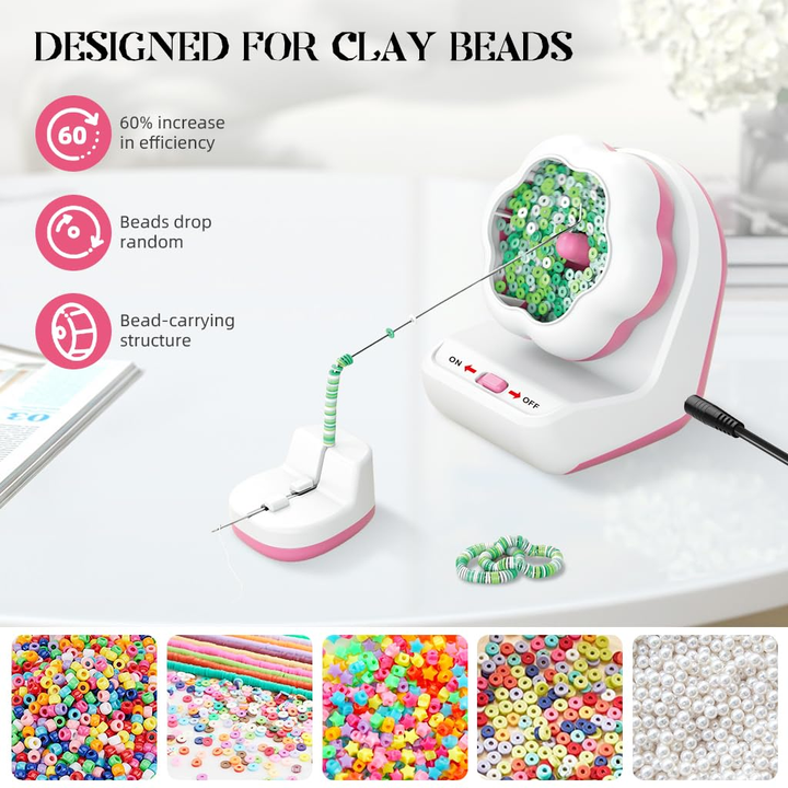 Electric bead spinner with clay beads and examples of colorful bead shapes.