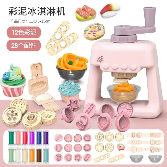 Clay ice cream kit displayed with a pink maker, colorful clay tubes, molds, dessert cups, and tools.
