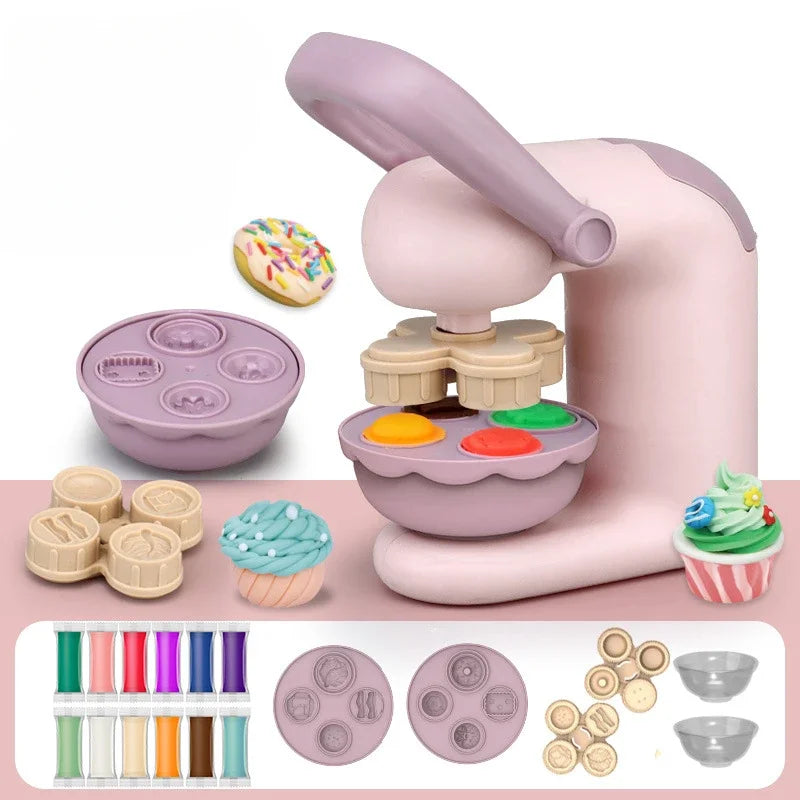 Pink lever press with food molds, shaping plates, and an assortment of clay colors