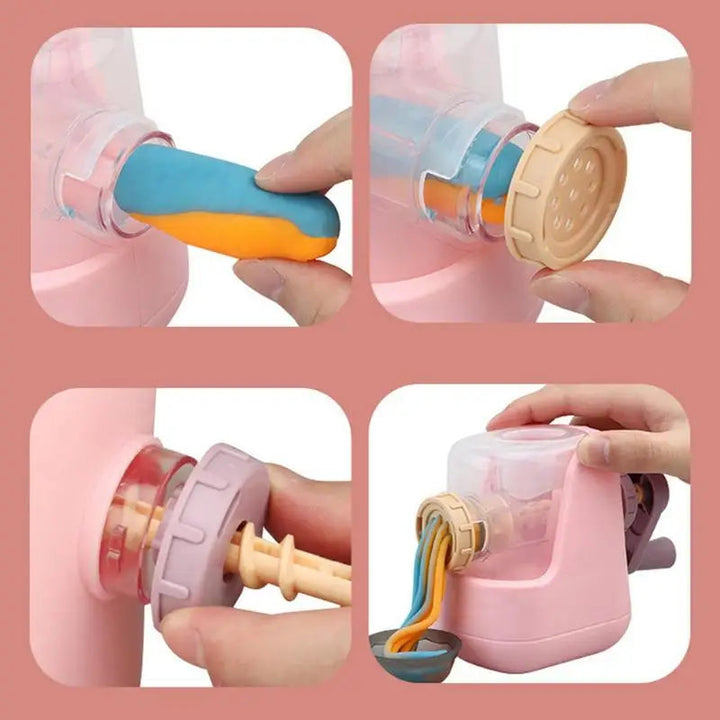 Four-step view of loading clay, fitting a shaping disc, and turning the pasta maker crank