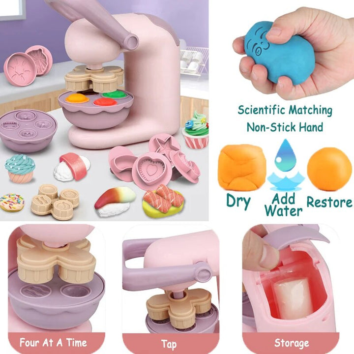 Clay food-making press with molds, tools, and close-up views of the handle and storage compartment