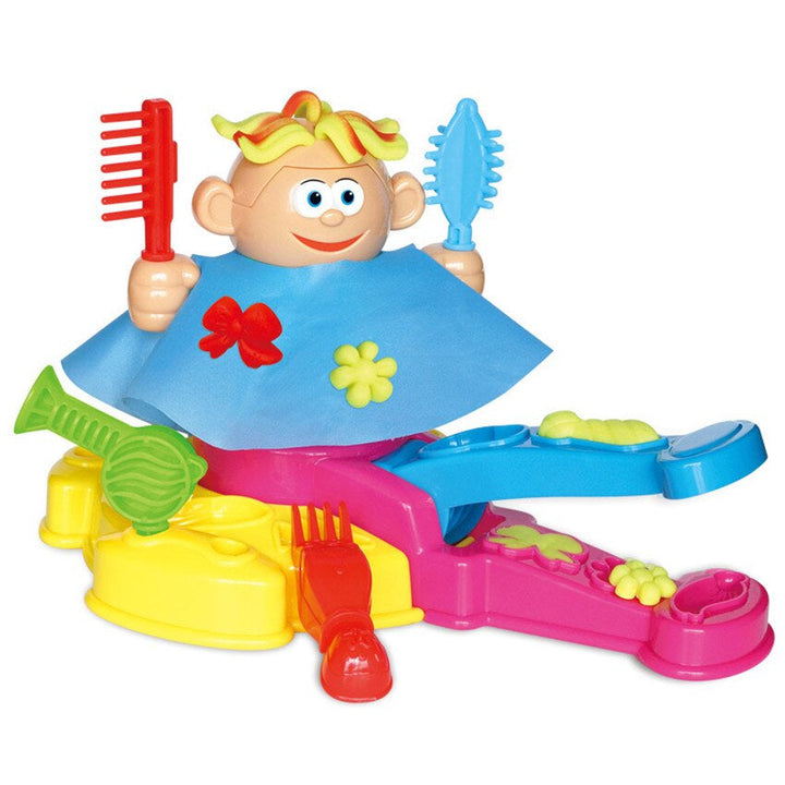 Clay salon character wearing a blue cape and holding a red comb and blue brush
