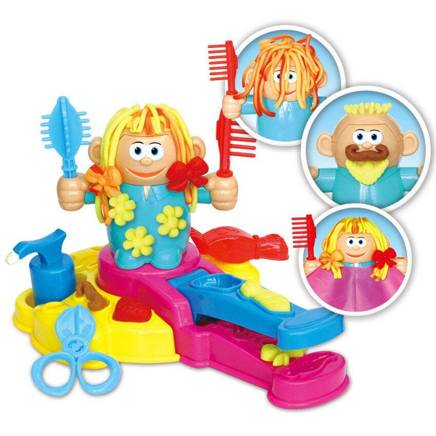 Modeling clay hair salon playset with styling tools and examples of different hairstyles