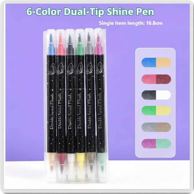 Six dual-tip markers in a clear case beside paired color swatches