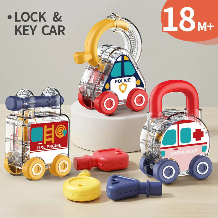 Clear ambulance, police car, and fire engine lock toys with three colorful keys