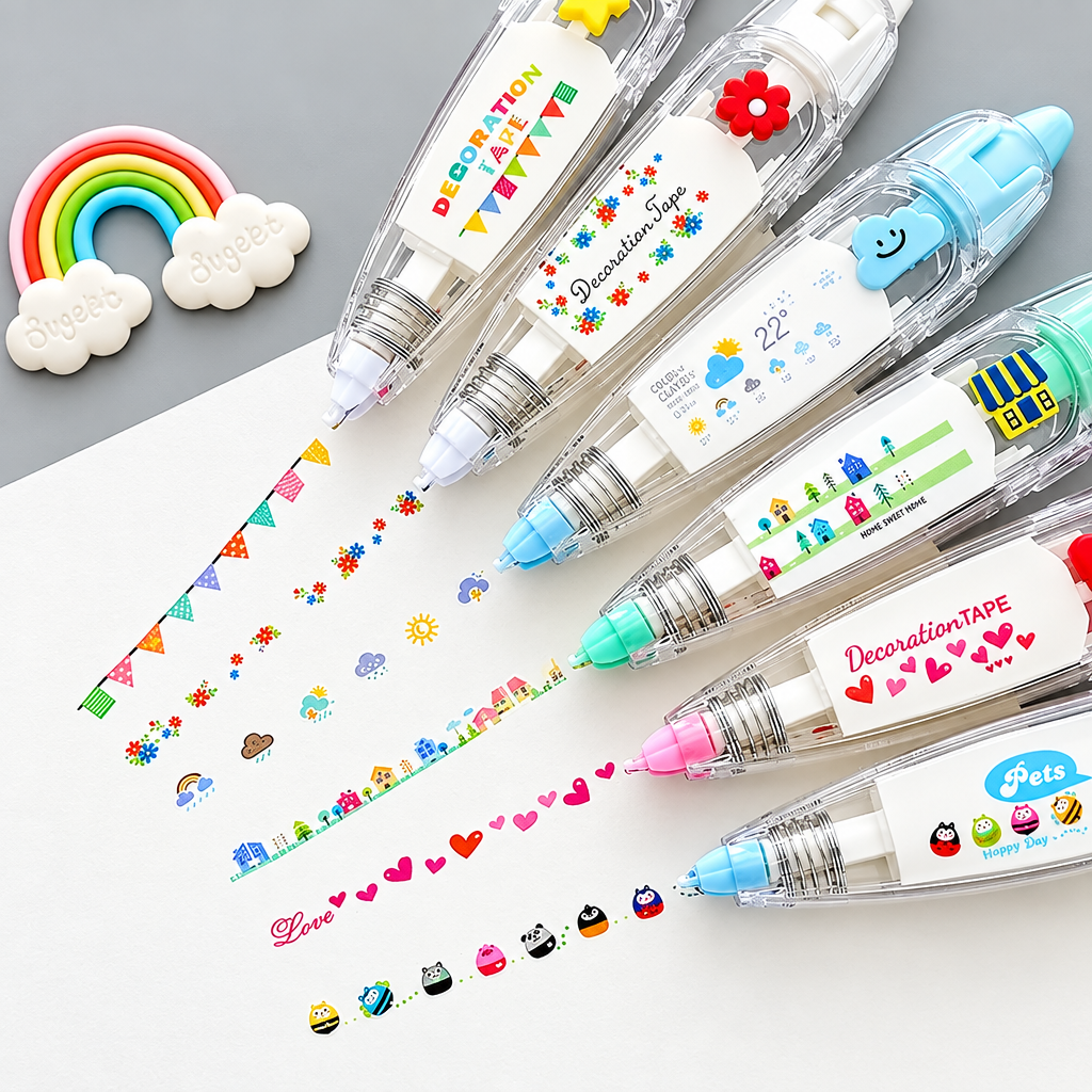 Clear decorative tape dispensers with colorful accents beside rows of patterned tape on white paper.