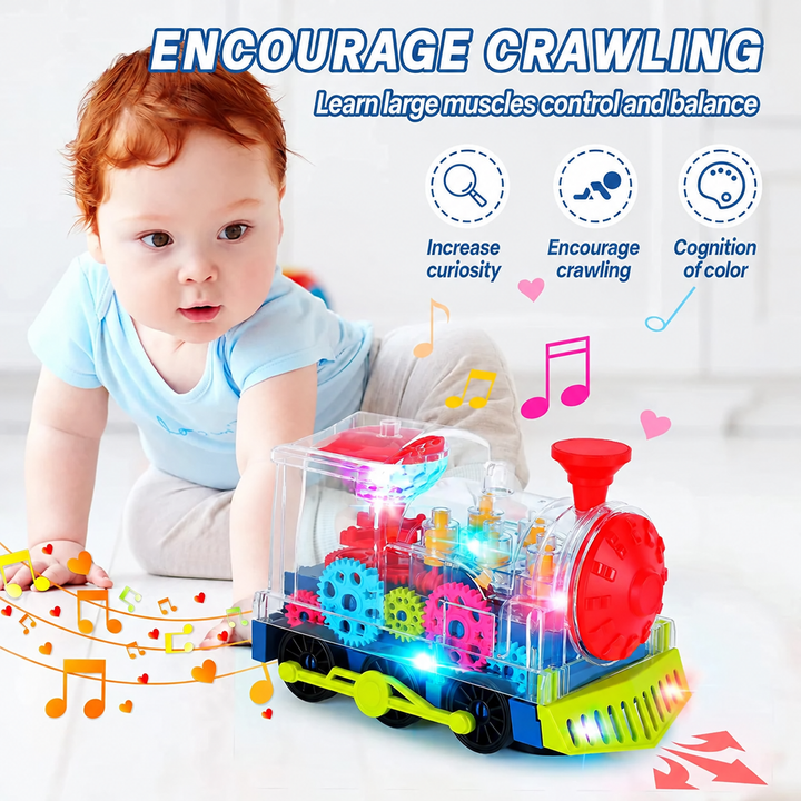 Child on hands and knees beside a light-up toy train, with crawling and color-learning graphics.