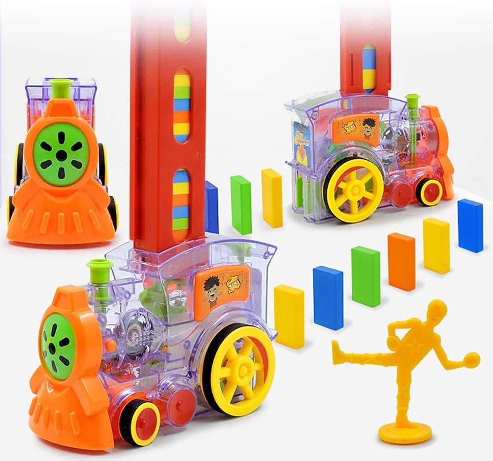 Clear toy train with a tall red cartridge and rows of colorful standing dominoes