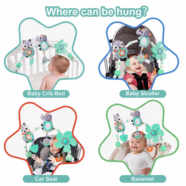 Examples of the toy arch attached to a crib, stroller, car seat, and bassinet