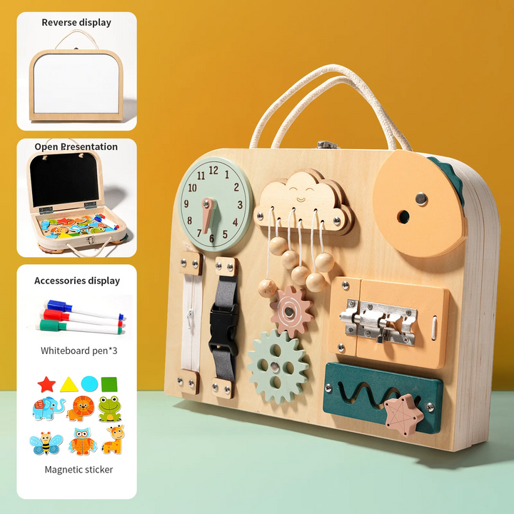 Clock-and-latch wooden activity case with whiteboard, markers, and magnetic sticker insets.
