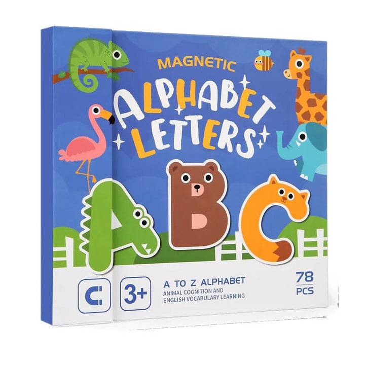 Closed alphabet learning book showing a 3+ age label and 78-piece count