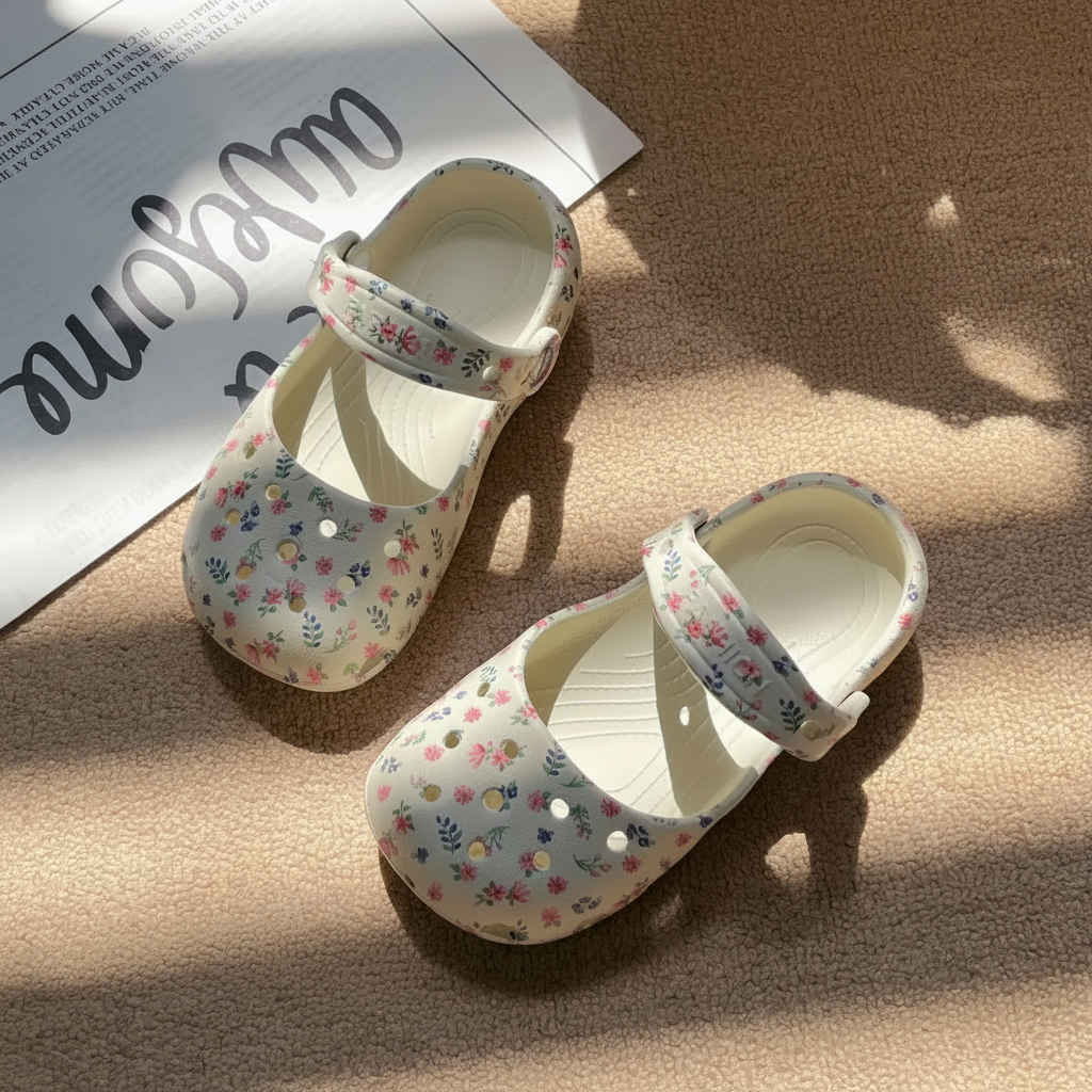 Angled view of light-colored floral sandals with closed toes and perforated fronts
