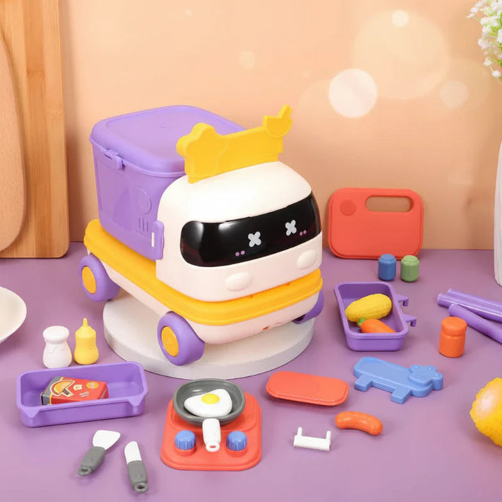 Closed purple and white toy car surrounded by pretend food, utensils, and cooking accessories