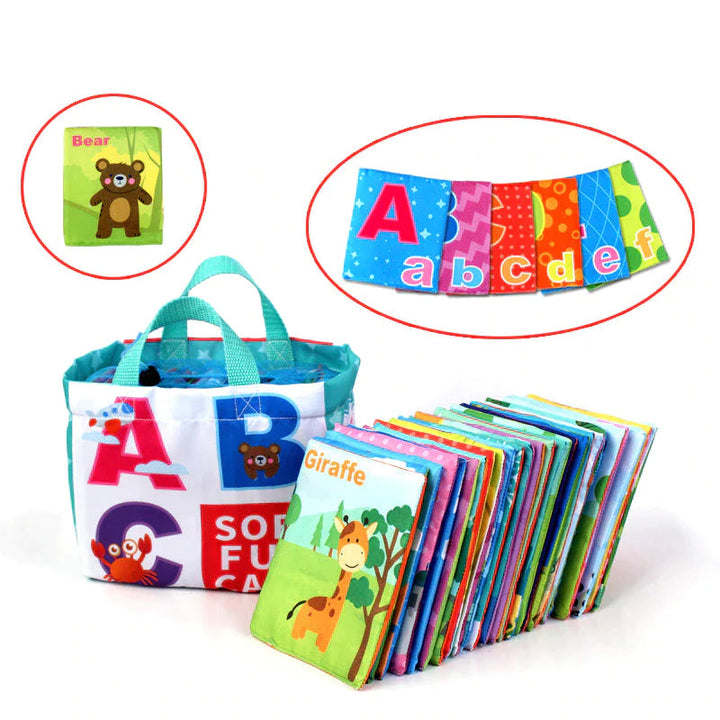 Colorful cloth learning books with a handled storage pouch and alphabet and animal illustrations