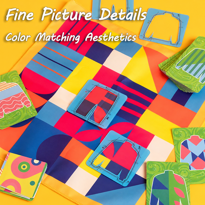 Close-up of clothing-shaped frames matching colorful geometric patterns on the fabric board.