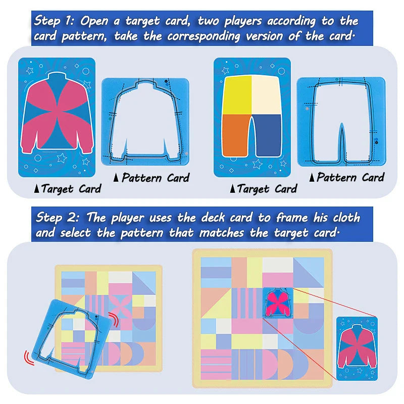 Two-step guide showing how to choose a clothing frame and match its pattern on the fabric board.